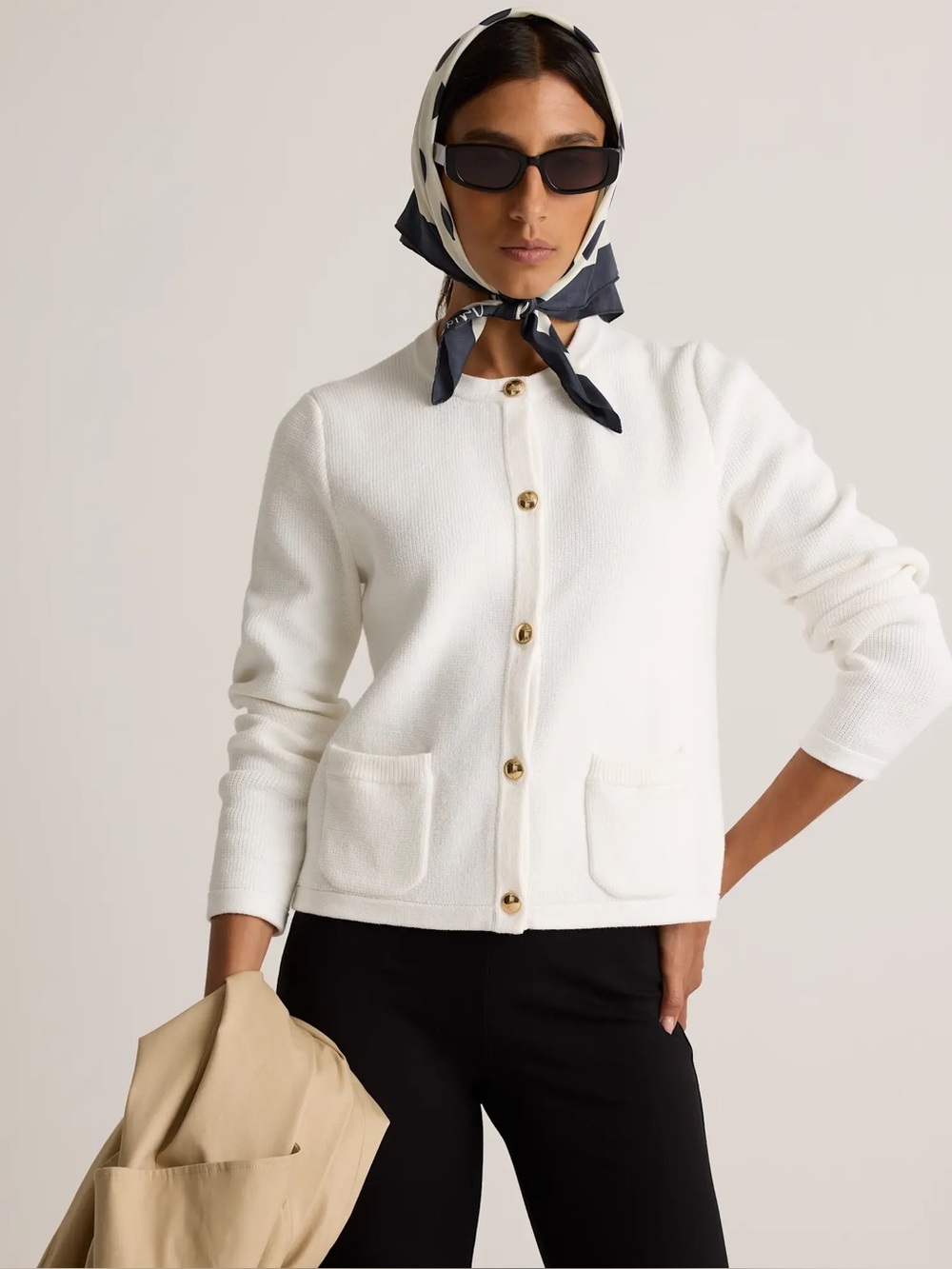 Quince 100% Organic Cotton Lady Jacket Sweater Ivory Medium Gold Buttons - Picture 2 of 12